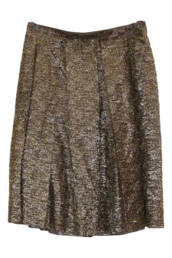 Gold acetate-silk blend knee-length A-line skirt with inverted box pleats