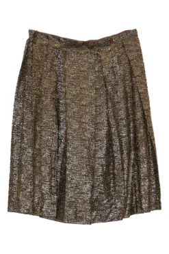 Gold acetate-silk blend knee-length A-line skirt with inverted box pleats