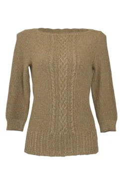Gold cotton-polyester blend bateau neck Aran-inspired cable-knit pullover sweater