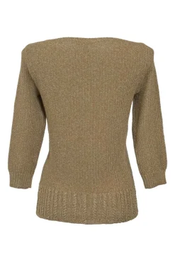 Gold cotton-polyester blend bateau neck Aran-inspired cable-knit pullover sweater