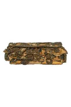 Gold embellished flap clutch bag featuring floral bead broderie motif