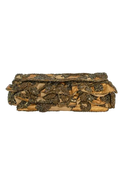 Gold embellished flap clutch bag featuring floral bead broderie motif