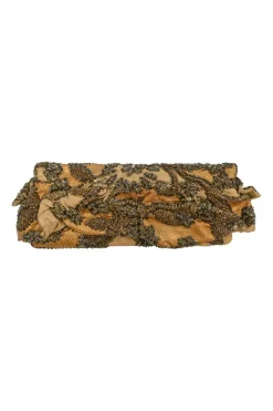Gold embellished flap clutch bag featuring floral bead broderie motif