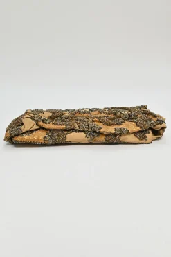 Gold embellished flap clutch bag featuring floral bead broderie motif