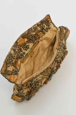 Gold embellished flap clutch bag featuring floral bead broderie motif