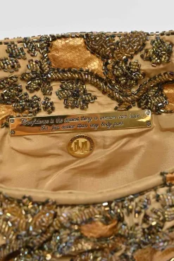 Gold embellished flap clutch bag featuring floral bead broderie motif