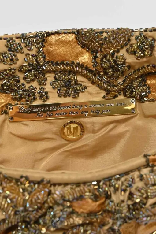 Gold embellished flap clutch bag featuring floral bead broderie motif