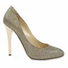 Gold fabric and leather pointed toe pumps
