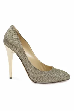 Gold fabric and leather pointed toe pumps