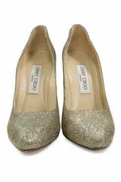 Gold fabric and leather pointed toe pumps