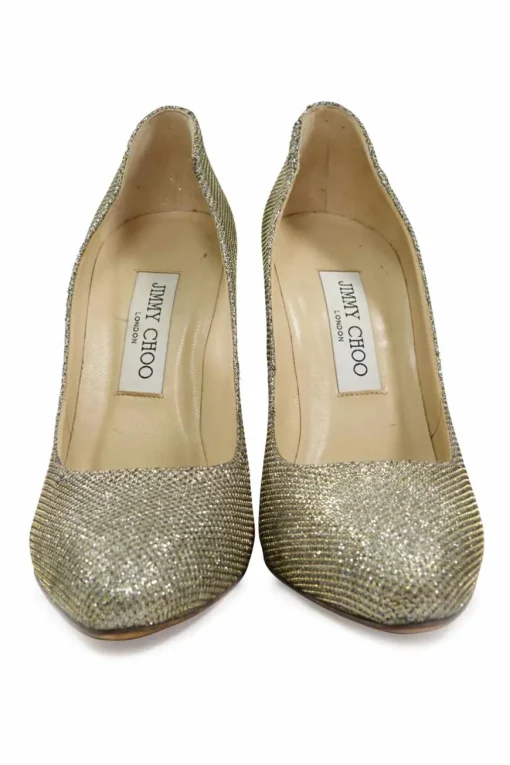 Gold fabric and leather pointed toe pumps