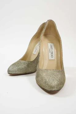 Gold fabric and leather pointed toe pumps