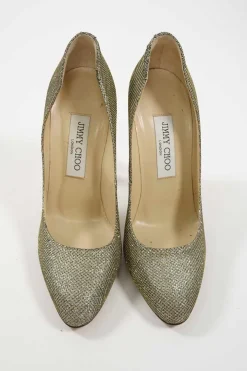 Gold fabric and leather pointed toe pumps