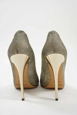 Gold fabric and leather pointed toe pumps