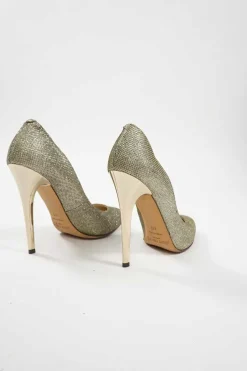 Gold fabric and leather pointed toe pumps