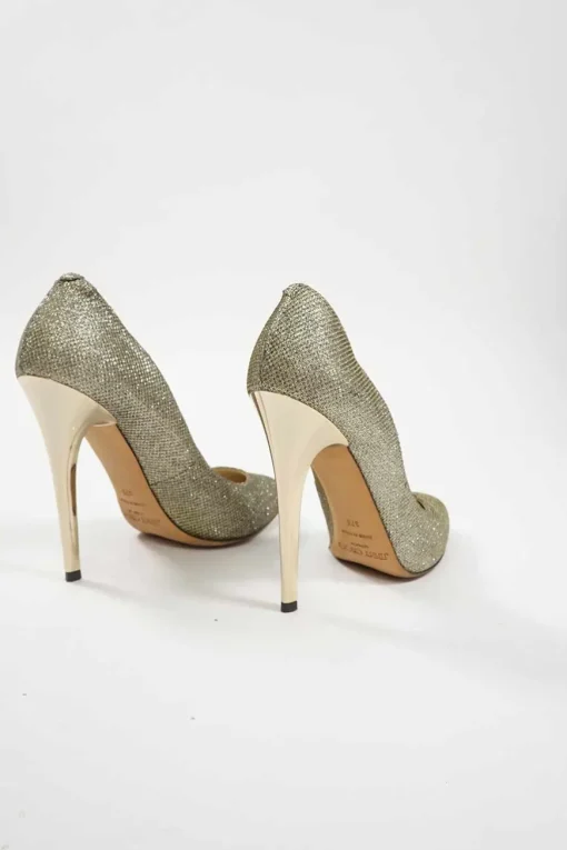 Gold fabric and leather pointed toe pumps