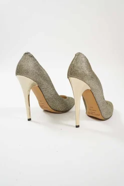 Gold fabric and leather pointed toe pumps
