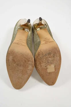 Gold fabric and leather pointed toe pumps