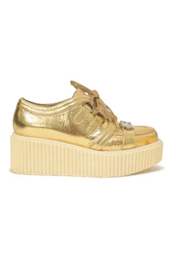Gold foiled crinkle lambskin and rubber lace-up flatform wedge sneakers