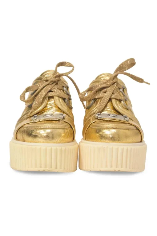 Gold foiled crinkle lambskin and rubber lace-up flatform wedge sneakers