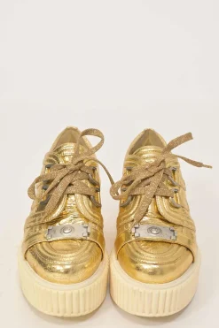 Gold foiled crinkle lambskin and rubber lace-up flatform wedge sneakers