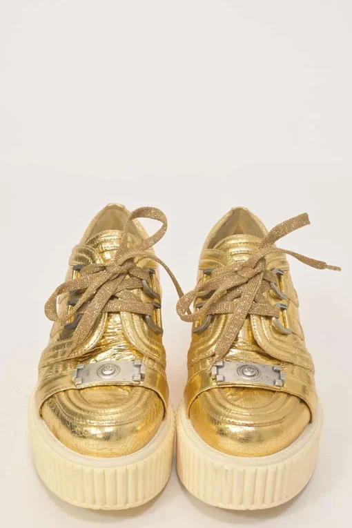 Gold foiled crinkle lambskin and rubber lace-up flatform wedge sneakers