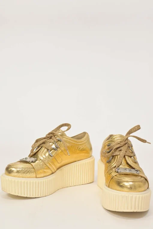 Gold foiled crinkle lambskin and rubber lace-up flatform wedge sneakers