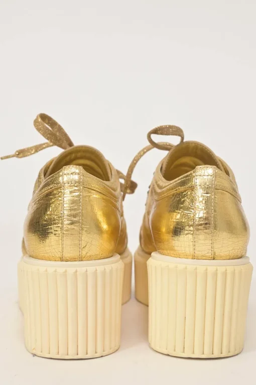 Gold foiled crinkle lambskin and rubber lace-up flatform wedge sneakers