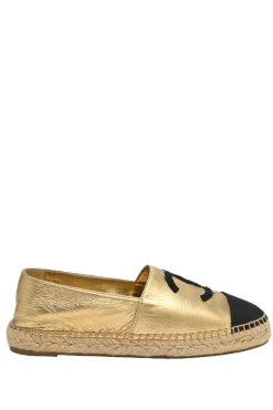 Gold foiled goatskin and grosgrain slip-on espadrilles