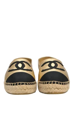 Gold foiled goatskin and grosgrain slip-on espadrilles
