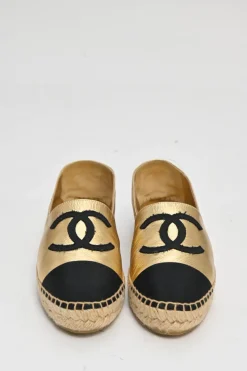 Gold foiled goatskin and grosgrain slip-on espadrilles