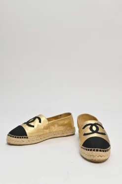 Gold foiled goatskin and grosgrain slip-on espadrilles