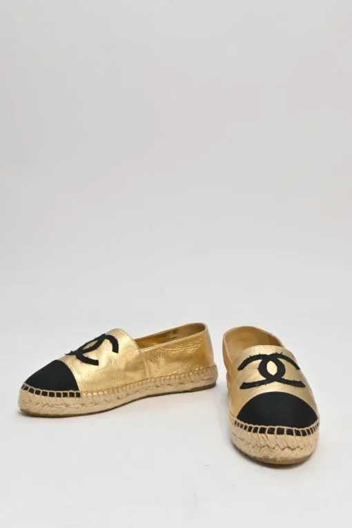 Gold foiled goatskin and grosgrain slip-on espadrilles