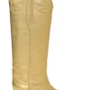 Gold foiled lambskin Dallas Western pull-on tall boots with square toe and sculpted comma heel