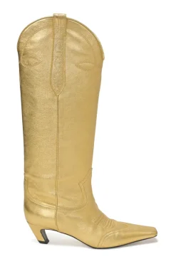 Gold foiled lambskin Dallas Western pull-on tall boots with square toe and sculpted comma heel