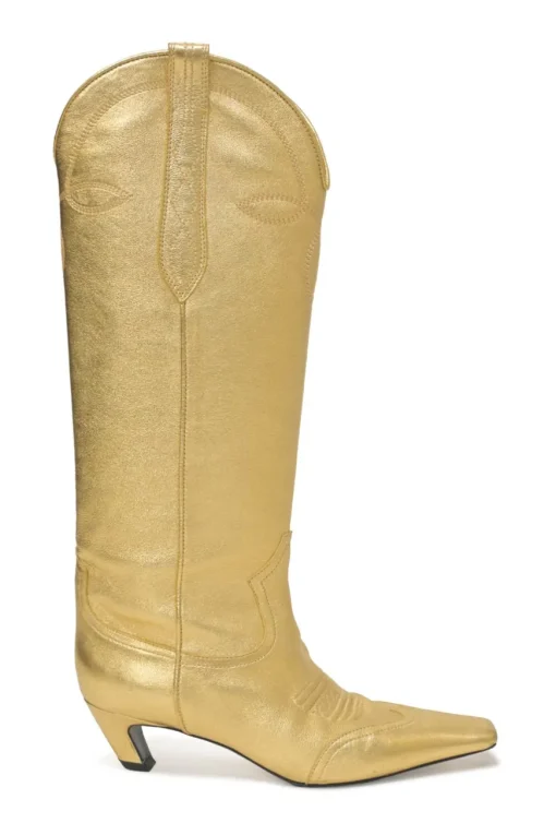 Gold foiled lambskin Dallas Western pull-on tall boots with square toe and sculpted comma heel