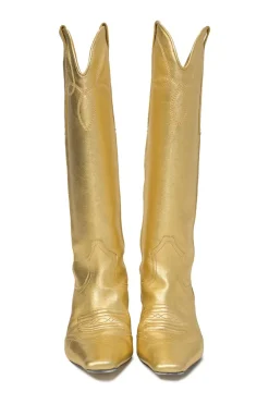 Gold foiled lambskin Dallas Western pull-on tall boots with square toe and sculpted comma heel