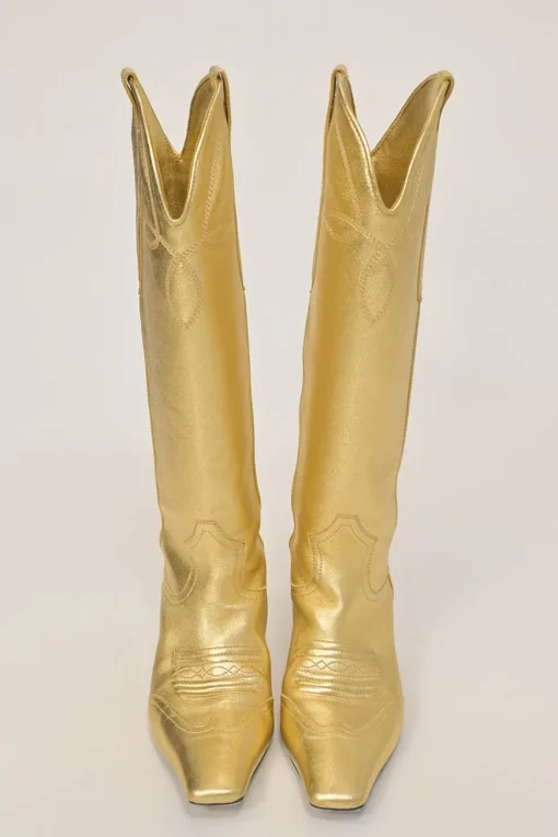 Gold foiled lambskin Dallas Western pull-on tall boots with square toe and sculpted comma heel