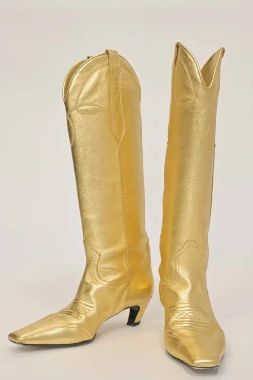 Gold foiled lambskin Dallas Western pull-on tall boots with square toe and sculpted comma heel