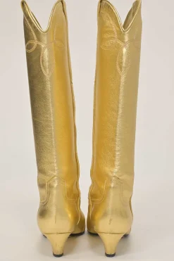 Gold foiled lambskin Dallas Western pull-on tall boots with square toe and sculpted comma heel