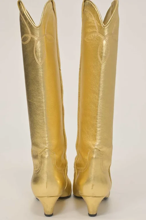 Gold foiled lambskin Dallas Western pull-on tall boots with square toe and sculpted comma heel
