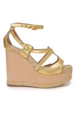 Gold foiled lambskin, raffia, and wood cutout platform wedge sandals with buckle strap fastening
