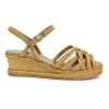Gold foiled leather and straw almond-toe criss-cross wedge sandals with buckle strap fastening