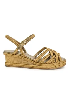 Gold foiled leather and straw almond-toe criss-cross wedge sandals with buckle strap fastening