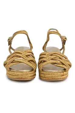 Gold foiled leather and straw almond-toe criss-cross wedge sandals with buckle strap fastening