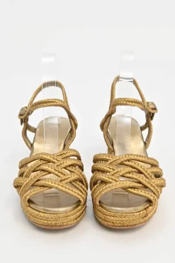 Gold foiled leather and straw almond-toe criss-cross wedge sandals with buckle strap fastening