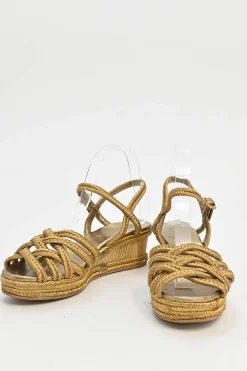 Gold foiled leather and straw almond-toe criss-cross wedge sandals with buckle strap fastening