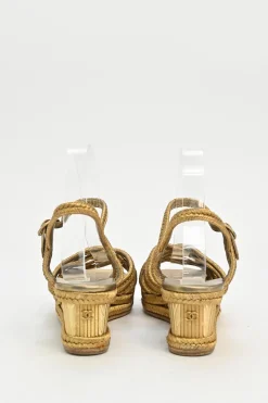 Gold foiled leather and straw almond-toe criss-cross wedge sandals with buckle strap fastening