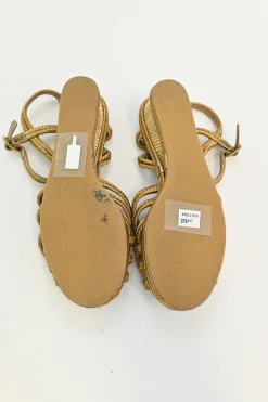 Gold foiled leather and straw almond-toe criss-cross wedge sandals with buckle strap fastening