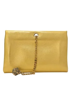 Gold foiled leather frog tassel clutch with gold-tone metallic hardware